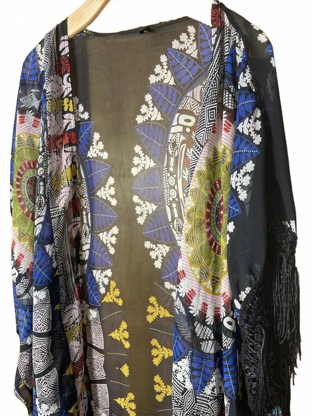 Kimono Robe Midi Women's Size OS Black Blue Fringe Boho Festival - Picture 3 of 7